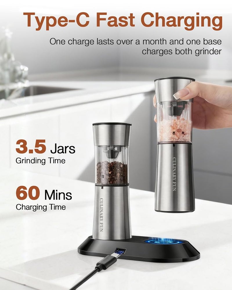 CULINARY FUN Gravity Electric Salt and Pepper Grinder Set, Automatic Mills with Rechargeable Charging Base, Built-in LED Light & Stainless Steel Body - Image 3