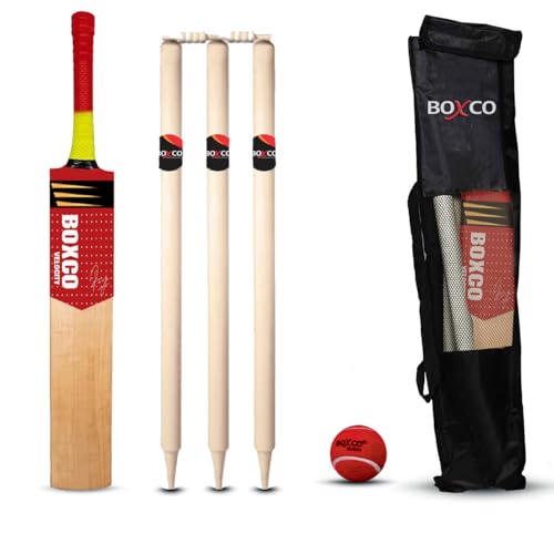 Boxco Velocity Full Size Wooden Cricket Kit - Includes Full Size Capsule Cricket Bat, 3 Wickets, Heavy Tennis Cricket Ball, 2 Bails & Carry Bag - Image 1