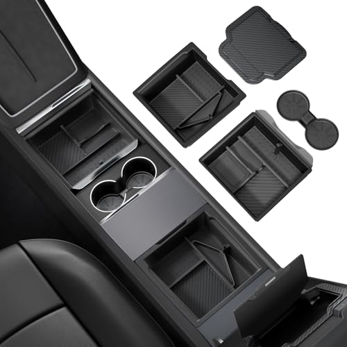 REEVAA Center Console Organizer for Tesla Model Y Juniper 20252026 Premium Performance Model 3 Highland 20242026 All Trims DualTier Storage Seamless Fit Premium Silicone Liner 4PCS Black - Image 1