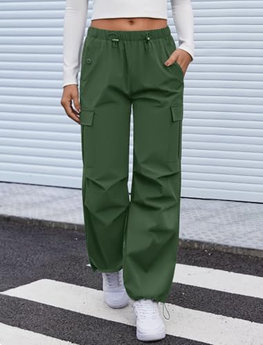 COPYLEAF Cargo Pants Women Elastic Waisted Parachute Hiking Pants with Pockets WaterResistant Lightweight Baggy PantsArmy Green XL - Image 3