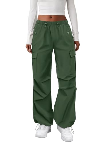 COPYLEAF Cargo Pants Women Elastic Waisted Parachute Hiking Pants with Pockets WaterResistant Lightweight Baggy PantsArmy Green XL - Image 1
