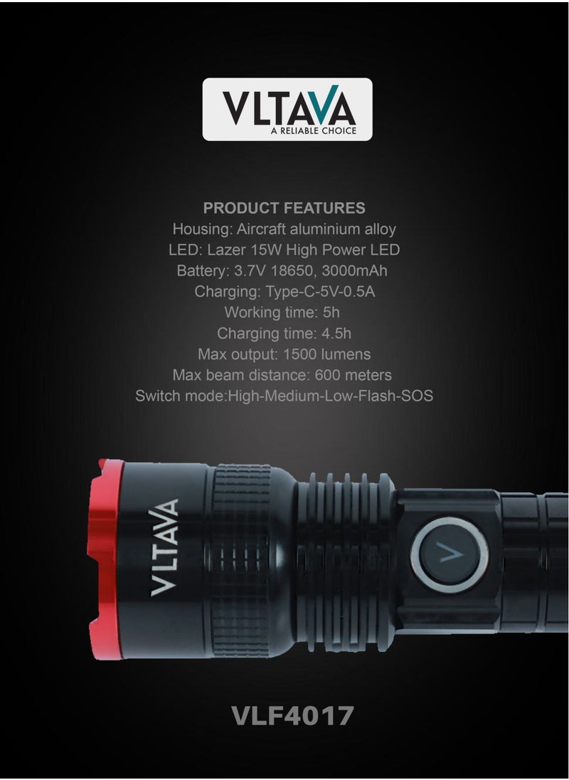 VLTAVA Vltava LED Laser Flash Light - 15W High Power Led, Rechargeable VLF4017  - Image 4