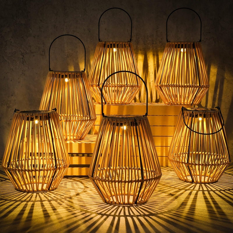 VIHOSE 6 Pack Solar Lanterns, Rattan Hanging Solar Lights with Handle Outdoor Waterproof, Outdoor Lamp Lights Decoration for Patio Porch Garden Pathway Yard Trees Lawn - Image 1