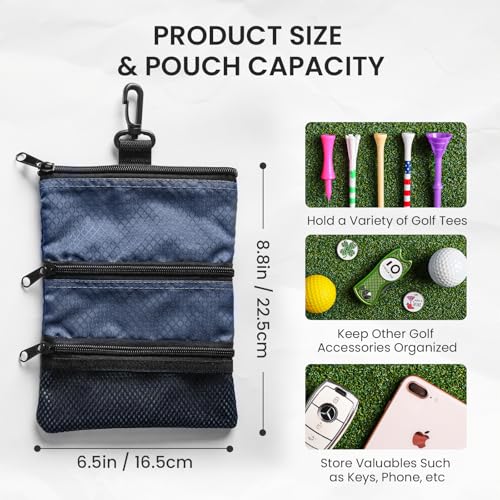 FINGER TEN Golf Pouch Bag for Valuables Tee Color with 4 Golf Pencil Pack, Zippered Pocket Gear Clip Hook to Bag (Blue Pouch Bag) - Image 3