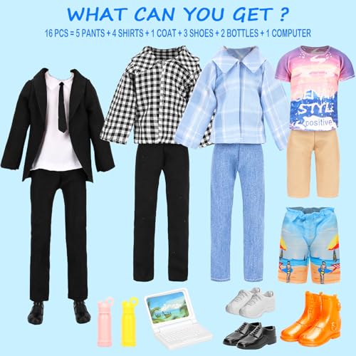 Miunana Lot 16 Items Doll Clothes & Accessories Classic Black Suit for Boy Doll Include Random 4 PCS Casual Wear + 5 PCS Dolls Pants + 3 Pairs of Shoes Laptop Water Bottles - Image 2