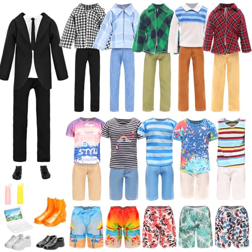 Miunana Lot 16 Items Doll Clothes & Accessories Classic Black Suit for Boy Doll Include Random 4 PCS Casual Wear + 5 PCS Dolls Pants + 3 Pairs of Shoes Laptop Water Bottles - Image 1