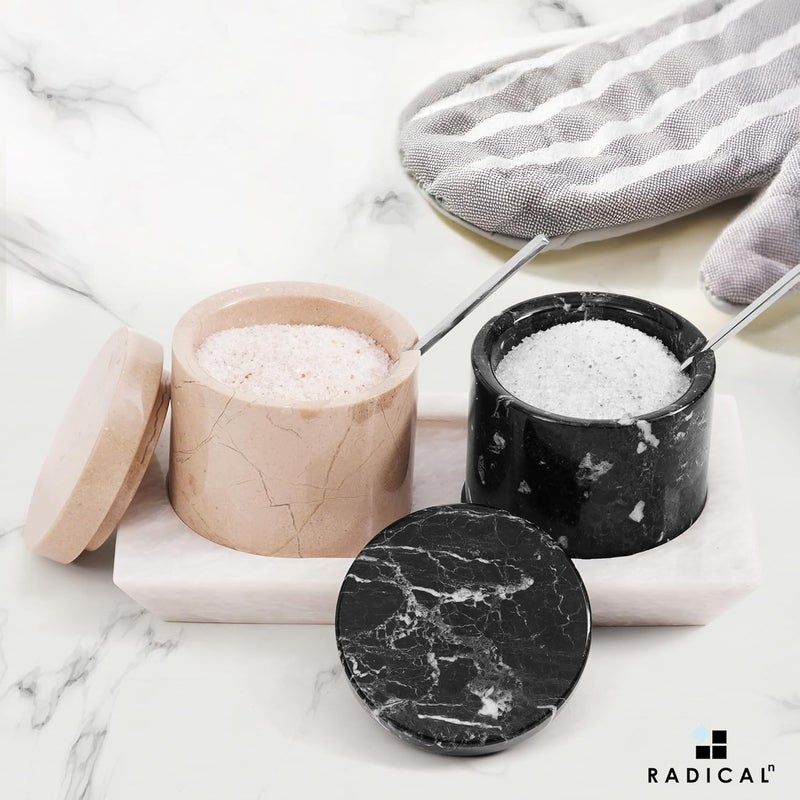 RADICALn Practical versatile construction Black & Verona Marble Salt Cellar Set of 2 with Tray & Lids, 3 Inch Handmade Natural Stone Salt & Spice Containers for Kitchen Countertop Storage, Luxury Kitchen Decor Accessory Market demand focused build - Image 2