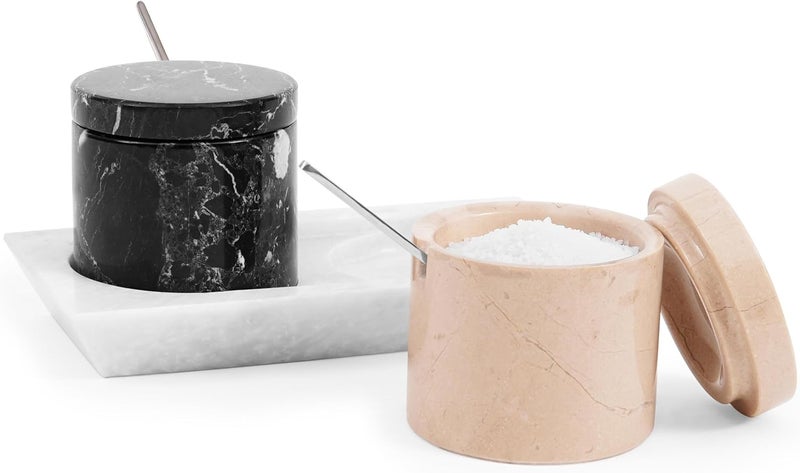 RADICALn Practical versatile construction Black & Verona Marble Salt Cellar Set of 2 with Tray & Lids, 3 Inch Handmade Natural Stone Salt & Spice Containers for Kitchen Countertop Storage, Luxury Kitchen Decor Accessory Market demand focused build - Image 1