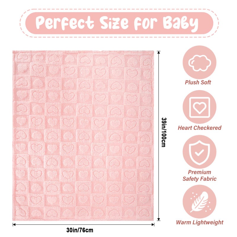 VEIDIA Plush Soft with Heart Checkered Baby Blanket,Fleece Infant Toddler Blankets for Girls Boys,Warm Lightweight Breathable Newborn Receiving Blankets for Crib Stroller 30"Ã—39" (Light Pink, Heart) - Image 5