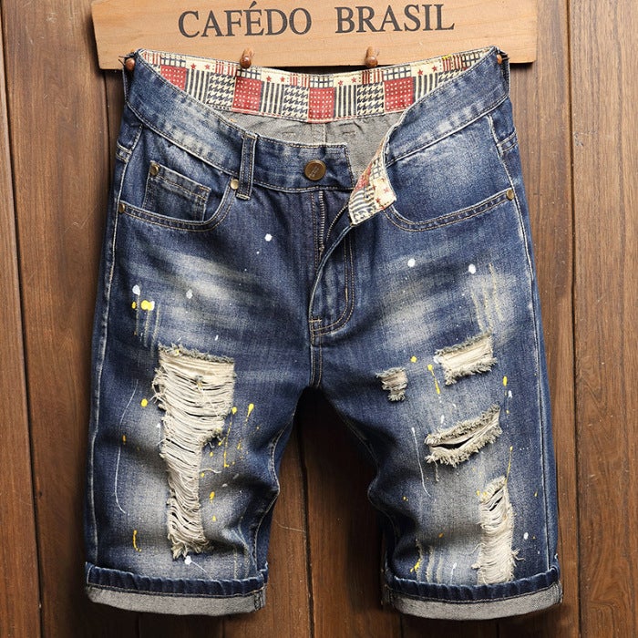 2024 Mens Ripped Denim Shorts Paint Splatter Paint 