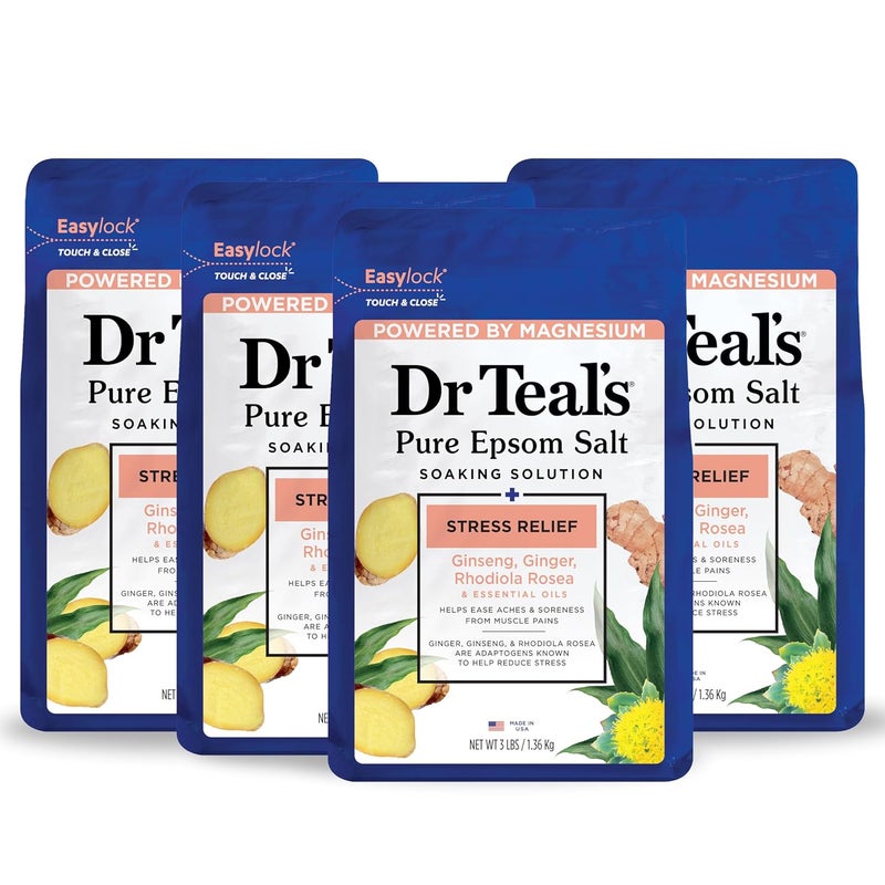 Dr Teal's Dr Teals Pure Epsom Magnesium Salt Soak Stress Relief with Ginseng  Ginger Essential Oils 3 lbs Pack of 4 