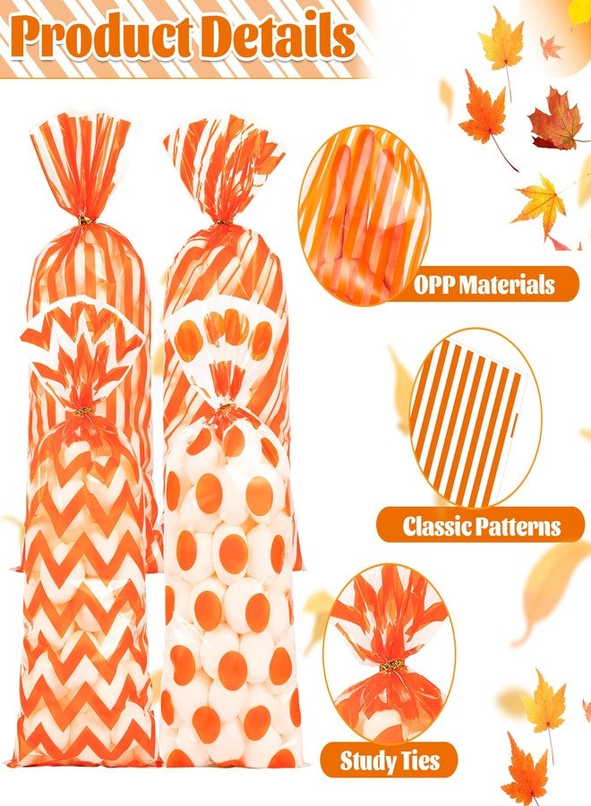 ZYLOP Fall Cellophane Treat Bags, 100pcs Plastic Orange Stripe Wave Dot Thanksgiving Candy Goodie Bags for Autumn Cookie Snack with Twist Ties for Autumn Thanksgiving Fall Birthday Party Favor - Image 3