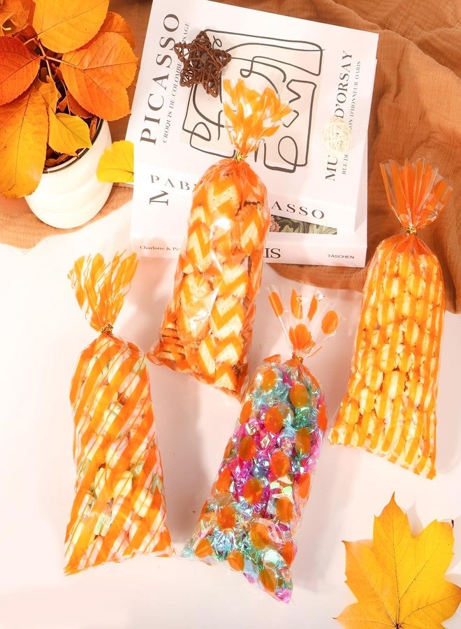 ZYLOP Fall Cellophane Treat Bags, 100pcs Plastic Orange Stripe Wave Dot Thanksgiving Candy Goodie Bags for Autumn Cookie Snack with Twist Ties for Autumn Thanksgiving Fall Birthday Party Favor - Image 4