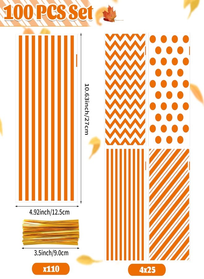 ZYLOP Fall Cellophane Treat Bags, 100pcs Plastic Orange Stripe Wave Dot Thanksgiving Candy Goodie Bags for Autumn Cookie Snack with Twist Ties for Autumn Thanksgiving Fall Birthday Party Favor - Image 2