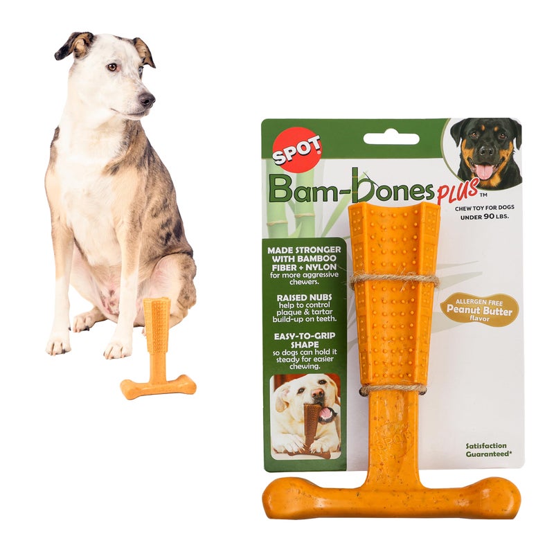 SPOT Bam-Bones Plus T Bone - Bamboo Fiber & Nylon, Durable Long Lasting Dog Chew for Aggressive Chewers â€“ Toy for Dogs & Puppies Under 90lbs, Non-Splintering, 7in, Allergen Free Peanut Butter Flavor - Image 1