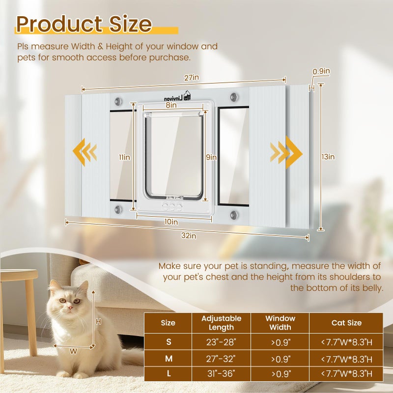 Linvivon Cat Door for Window, Quick Installation Adjustable Width of 27"-32", Cat Window Door with 4 Locking Modes, Magnetic Closure Design, Weatherproof Aluminum Frame Cat Door Window Insert - Image 2