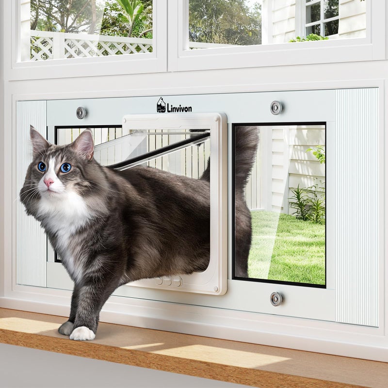 Linvivon Cat Door for Window, Quick Installation Adjustable Width of 27"-32", Cat Window Door with 4 Locking Modes, Magnetic Closure Design, Weatherproof Aluminum Frame Cat Door Window Insert - Image 1