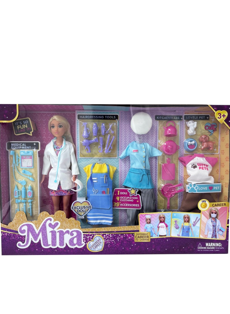 ميرا مجموعة دمية ميرا فاشن للمهن – دمية متحركة 11.5 إنش مع أزياء وإكسسوارات لمهن مختلفة – طبيبة، طاهية، مصففة شعر، وطبيبة بيطرية – متعة لعب إبداعية! العاب بنات - Image 1