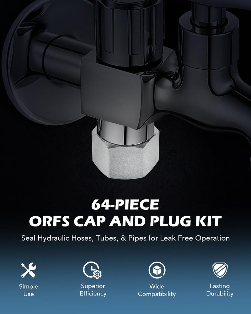 ZELCAN 64pc O Ring Face Seal Fitting Kit, Hydraulic Hose Tube and Pipe Fittings, ORFS Cap and Plug Set for Hydraulics, Heavy Duty O Ring Assortment Kit Precision Threaded, ORFS Sizes 4 6 8 10 12 16 - Image 2