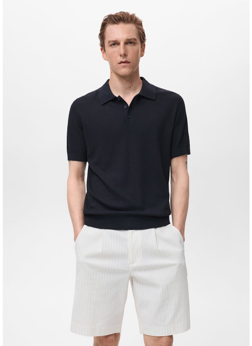 Mango Man Ribbed Knit Polo Shirt  - Image 1