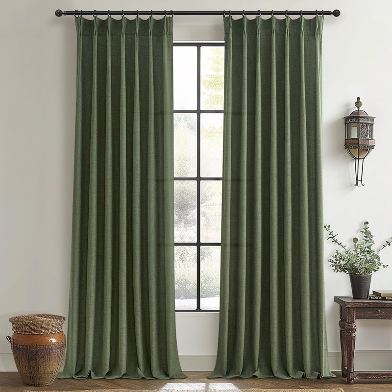 PleatedDrapes Olive Green Linen Curtains 96 Inches Long 2 Panels Set, Modern Aesthetic Pinch Pleated Dark Academia Living Room Light Filtering Sheer Ceiling Track Curtains with Hooks Decor Drapes for Bedroom Window - Image 1