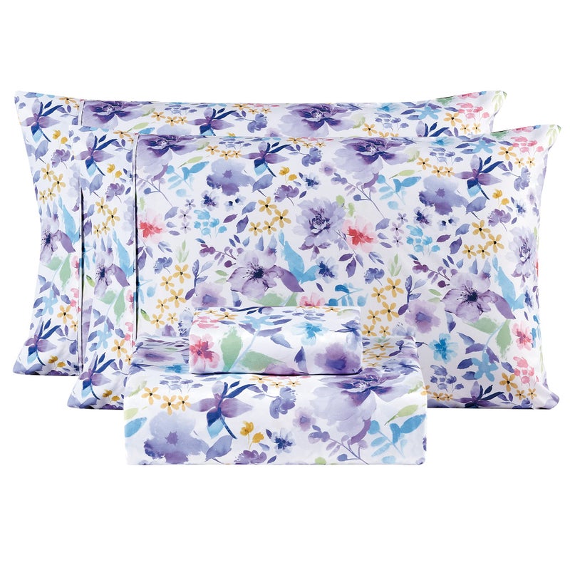 Mooreeke Floral King Sheets Soft Breathable Microfiber Vintage Printed Bed Sheet Set Deep Pocket NonSlip Fitted Sheet Included Purple Flower Pattern