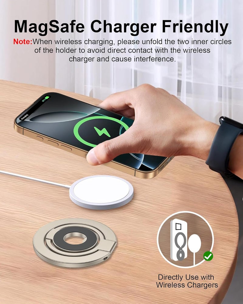 AILKIN Portable Magnetic Phone Ring Stand, Dual-Side Phone Grip Holder for iPhone 17, Samsung, Foldable Kickstand Soporte Magnético Para Cellular Compatible with Car Mount, Desk Stand, MagSafe & Cases-Gold - Image 4