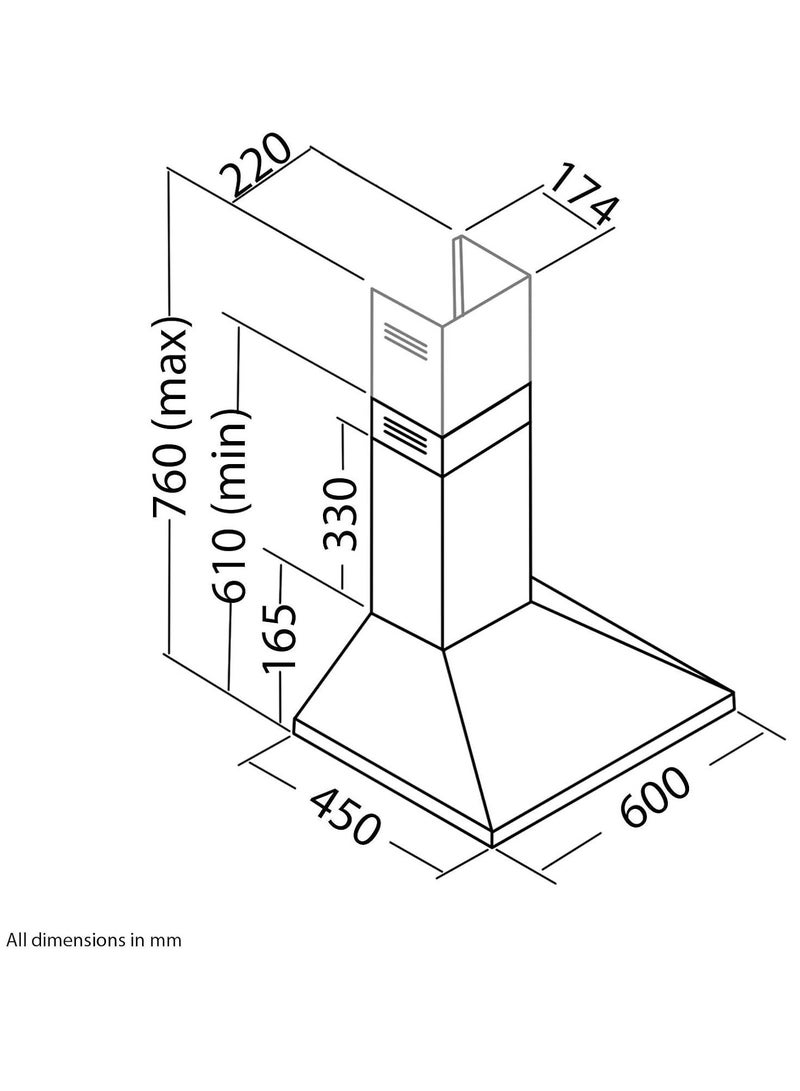 NOVEX شفاط مطبخ تقليدي بعمود 60 سم أسود مع فلاتر كربون - شفاط مثبت على الحائط 600 مم - شفاط هواء مطبخ أسود - Image 2