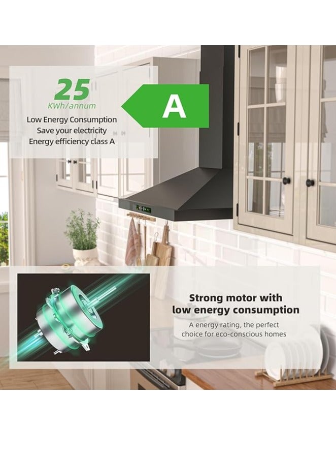 NOVEX شفاط مطبخ تقليدي بعمود 60 سم أسود مع فلاتر كربون - شفاط مثبت على الحائط 600 مم - شفاط هواء مطبخ أسود - Image 5