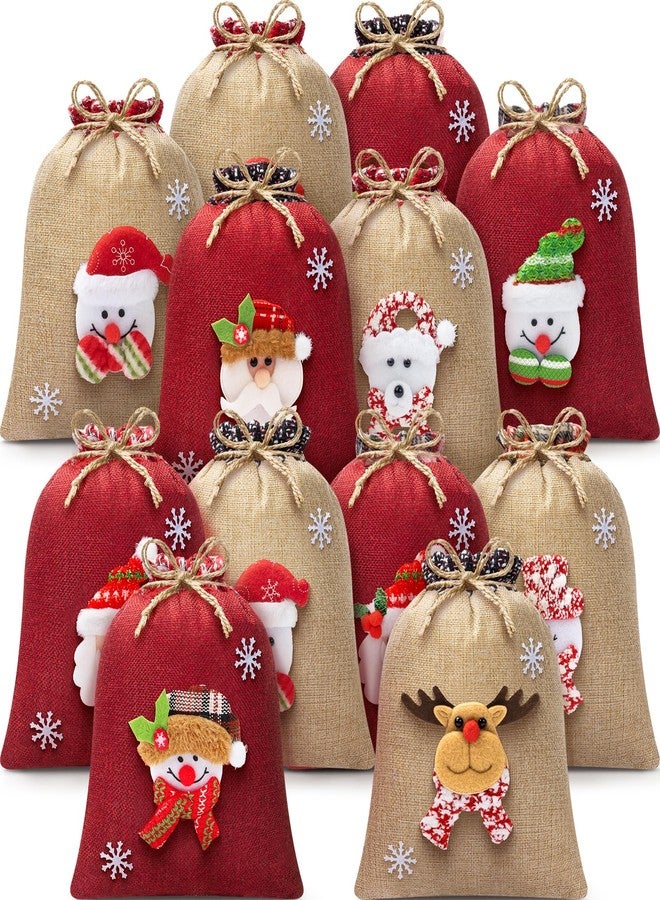 FLOE 12Pcs Burlap Christmas Gift Bags with Drawstring, 8x10in 3D Doll Christmas Goody Gift Bags Small Jute Xmas Candy Bag, Linen Treat Reusable Xmas Gifts Wrapping Bag Holiday Party Favor Decor Santa Sacks - Image 1