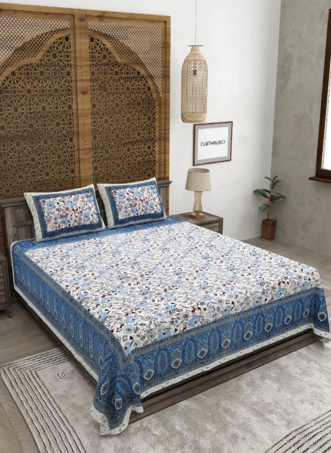 CLOTHOLOGY CLOTHOLOGY Jaipuri Blue Floral Pure Cotton 180 TC King Fine Bedsheet with 2 Pillow Covers