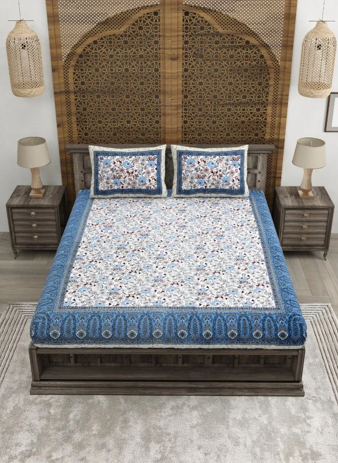 CLOTHOLOGY CLOTHOLOGY Jaipuri Blue Floral Pure Cotton 180 TC King Fine Bedsheet with 2 Pillow Covers