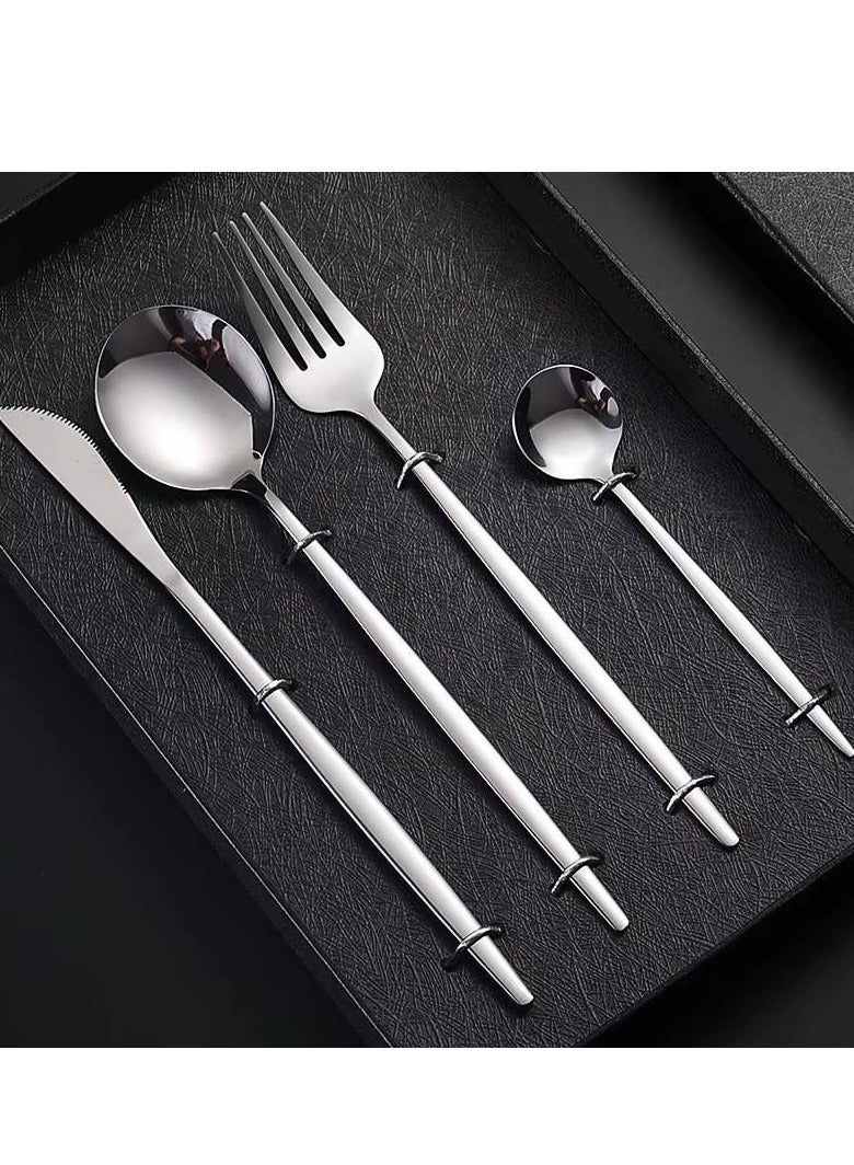 🍴طقم معالق -اطقم معالق - طقم شوك وسكاكين ومعالق شيك جدا 4 قطعة مجموعة ادوات مائدة فضية من الستانلس ستيل : 4 قطعة من ادوات المائدة وشوك وملاعق وسكين أدوات مائدة من الفولاذ المقاوم للصدأ، آمن للاستخدام في غسالة الأطباق - Image 1