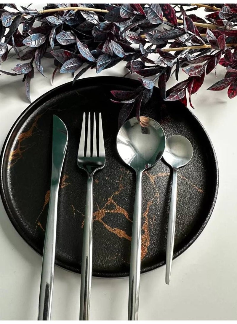 🍴طقم معالق -اطقم معالق - طقم شوك وسكاكين ومعالق شيك جدا 4 قطعة مجموعة ادوات مائدة فضية من الستانلس ستيل : 4 قطعة من ادوات المائدة وشوك وملاعق وسكين أدوات مائدة من الفولاذ المقاوم للصدأ، آمن للاستخدام في غسالة الأطباق - Image 2