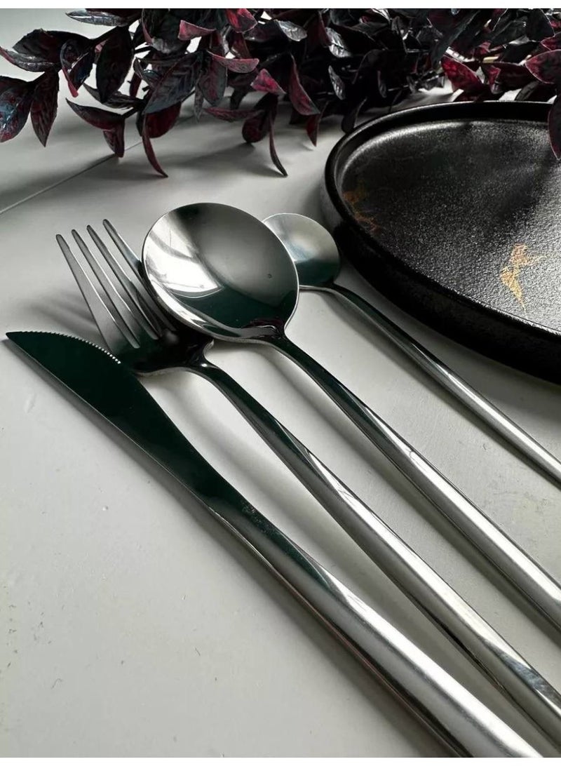 🍴طقم معالق -اطقم معالق - طقم شوك وسكاكين ومعالق شيك جدا 4 قطعة مجموعة ادوات مائدة فضية من الستانلس ستيل : 4 قطعة من ادوات المائدة وشوك وملاعق وسكين أدوات مائدة من الفولاذ المقاوم للصدأ، آمن للاستخدام في غسالة الأطباق - Image 5