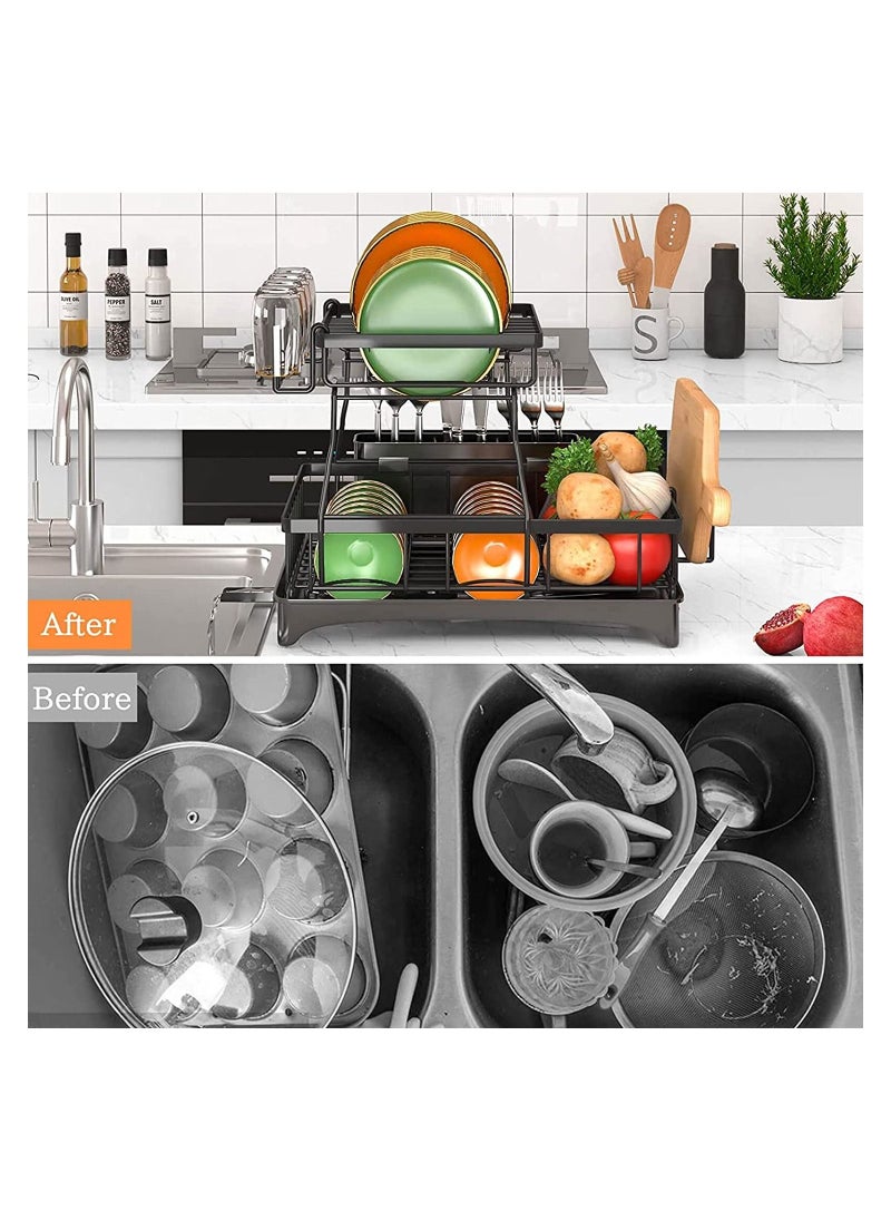 Generic Dish Rack Large Capacity 2 Tier Multifunctional Kitchen Dish Rack with Removable Utensil Holder and Cup Holder&Drainboard Leak-Proof Spout Stainless Steel Dish Drainer for Kitchen Counter(Black)  - Image 3