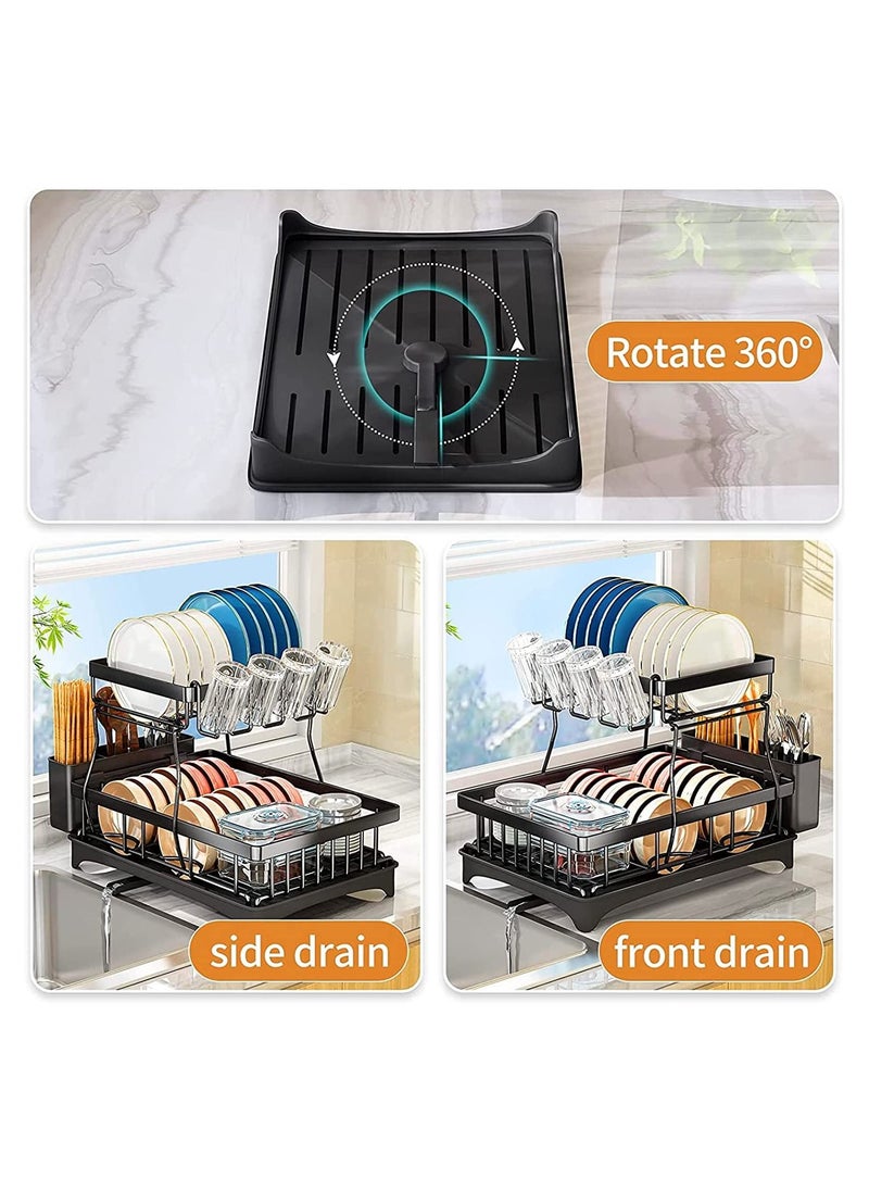 Generic Dish Rack Large Capacity 2 Tier Multifunctional Kitchen Dish Rack with Removable Utensil Holder and Cup Holder&Drainboard Leak-Proof Spout Stainless Steel Dish Drainer for Kitchen Counter(Black)  - Image 4