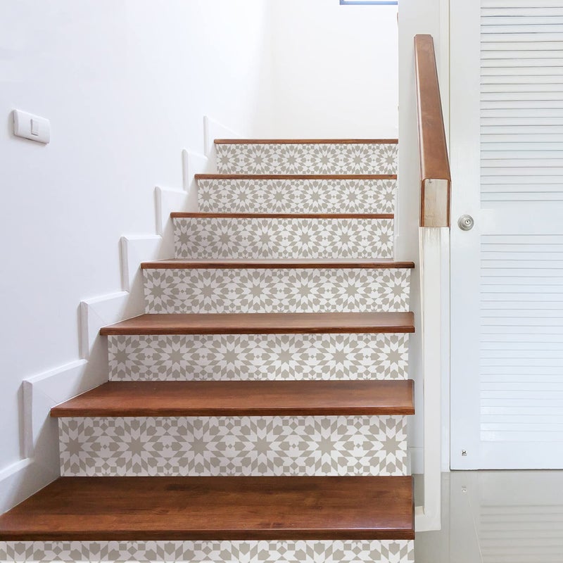 funlife 14 PCS Moroccan Peel and Stick Stair Stickers Self Adhesive Boho Vinyl Stair Risers Decals Staircase Murals Decor for Steps 3937X708 Light Brown