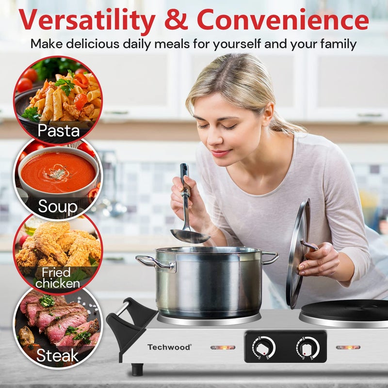 Techwood Hot Plate, Techwood Double Burner for Cooking, 1800W Countertop Electric Stoves with Adjustable Temperature & Stay Cool Handles, Dual Cooktop for RV/Home/Camp, Upgraded Version Stainless Steel, Silver - Image 2