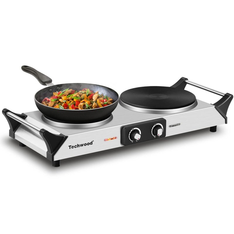 Techwood Hot Plate, Techwood Double Burner for Cooking, 1800W Countertop Electric Stoves with Adjustable Temperature & Stay Cool Handles, Dual Cooktop for RV/Home/Camp, Upgraded Version Stainless Steel, Silver - Image 1