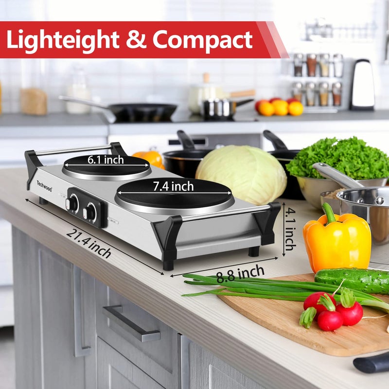 Techwood Hot Plate, Techwood Double Burner for Cooking, 1800W Countertop Electric Stoves with Adjustable Temperature & Stay Cool Handles, Dual Cooktop for RV/Home/Camp, Upgraded Version Stainless Steel, Silver - Image 5