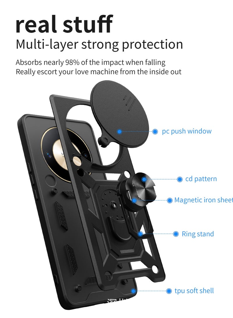 for Honor X9c Smart 5G Case Cover, Slide Camera Lens Cover, Magnetic Ring Holder Kickstand Protective Phone Case for Honor X9c Smart 5G, Black - Image 2