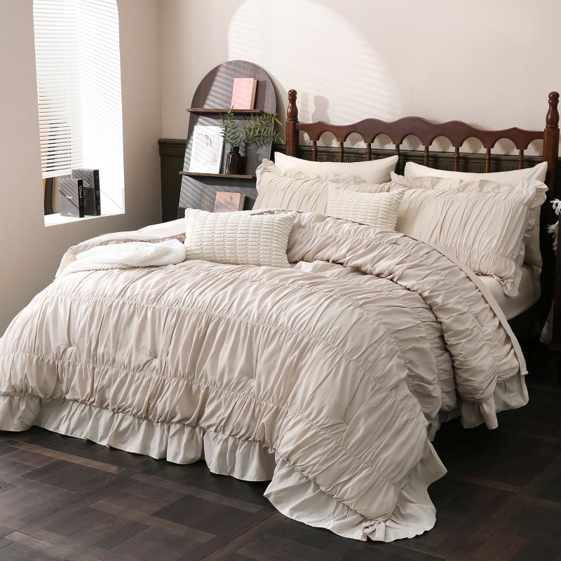Herside Beige Comforter Set King Size,Ruched Boho Bedding 9-Piece Bed-in-a-Bag for All Seasons,Fluffy Farmhouse Ruffle Bedding Set with Comforter, Flat Sheet, Fitted Sheet, Pillow Shams, Pillowcases - Image 1