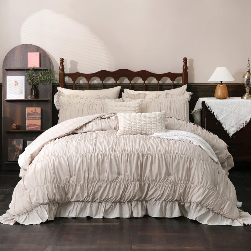Herside Beige Comforter Set King Size,Ruched Boho Bedding 9-Piece Bed-in-a-Bag for All Seasons,Fluffy Farmhouse Ruffle Bedding Set with Comforter, Flat Sheet, Fitted Sheet, Pillow Shams, Pillowcases - Image 2