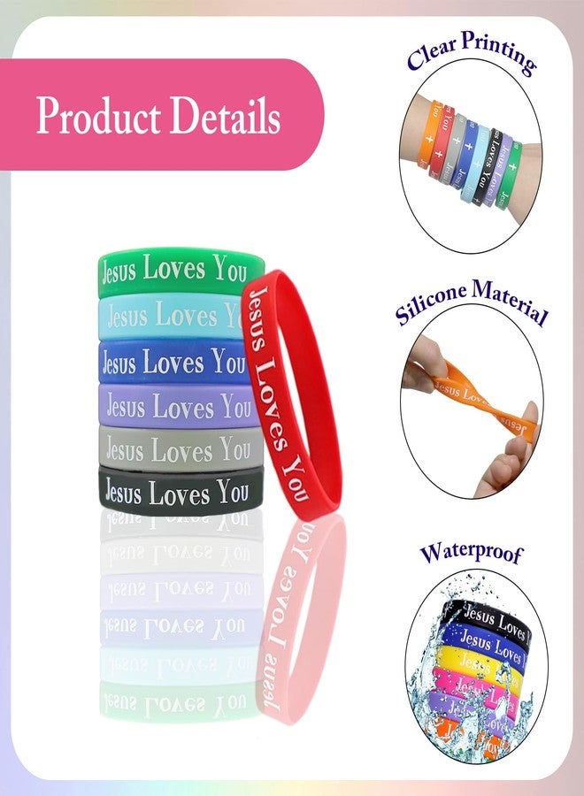 MATEPLUS 48 Pcs Jesus Loves You Silicone Bracelets Rubber Christian Wristbands Colorful Motivational Religious Bands for Men, Women, Teen Bible Verse Bracelet for Church - Image 3