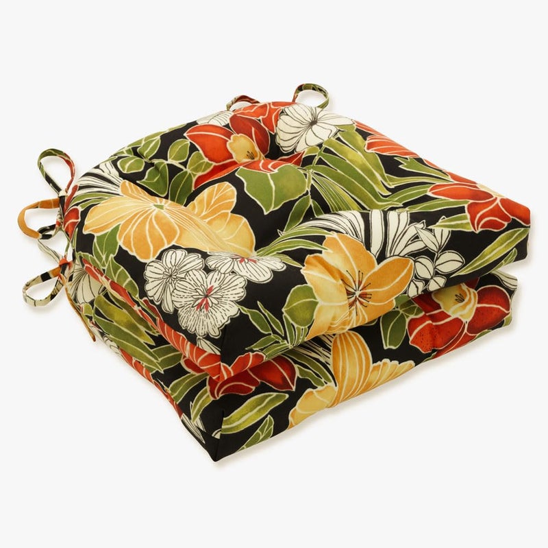 Pillow Perfect Tropic Floral IndoorOutdoor Chairpad with Ties Tufted Weather and Fade Resistant 17 x 175 BlackGreen Clemens 2 Count