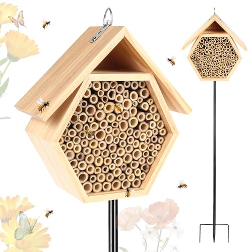 Lettry Mason Bee House for Garden, Natural Wooden Bee Habitat with Metal Ground Stake, Attracts Pollinators, Improve Garden Productivity, Outdoor Decoration - Image 1