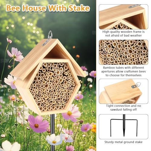Lettry Mason Bee House for Garden, Natural Wooden Bee Habitat with Metal Ground Stake, Attracts Pollinators, Improve Garden Productivity, Outdoor Decoration - Image 2