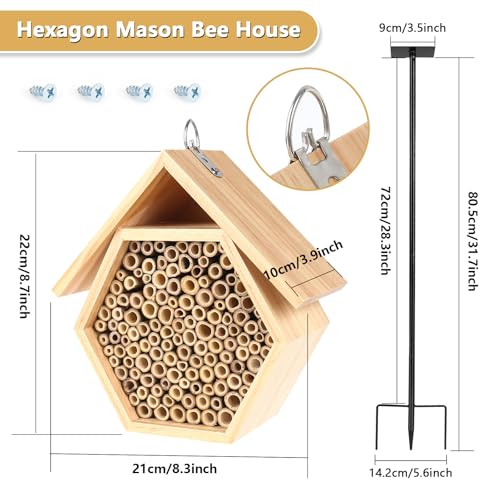 Lettry Mason Bee House for Garden, Natural Wooden Bee Habitat with Metal Ground Stake, Attracts Pollinators, Improve Garden Productivity, Outdoor Decoration - Image 4