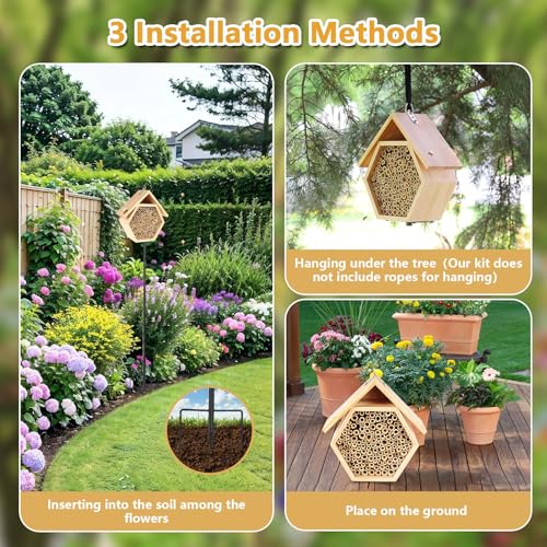 Lettry Mason Bee House for Garden, Natural Wooden Bee Habitat with Metal Ground Stake, Attracts Pollinators, Improve Garden Productivity, Outdoor Decoration - Image 3